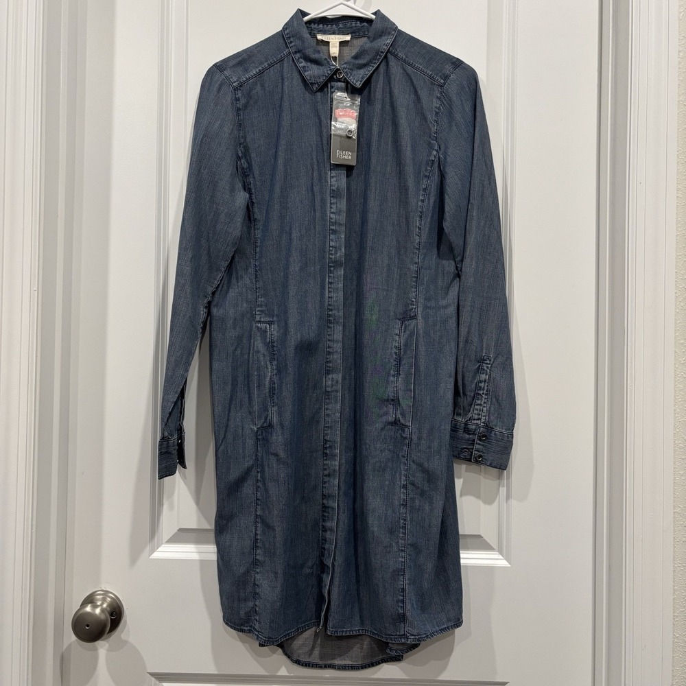 Eileen Fisher Shirt Dress Women XS Chambray Tencel Pocket Lng Sleeve Collared